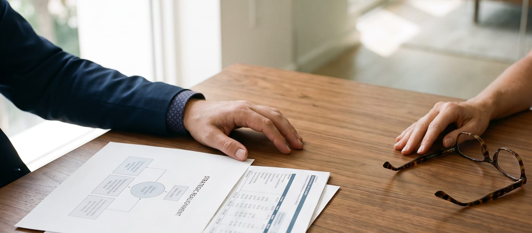 Hands reviewing a printed business-structure diagram at a private consultation