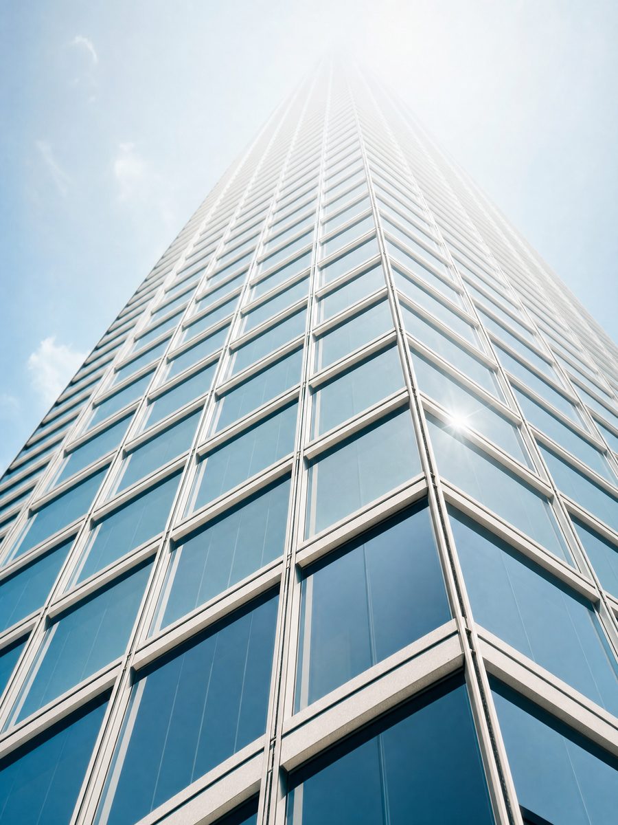 Modern glass office tower in Brickell, Miami, photographed against a bright sky