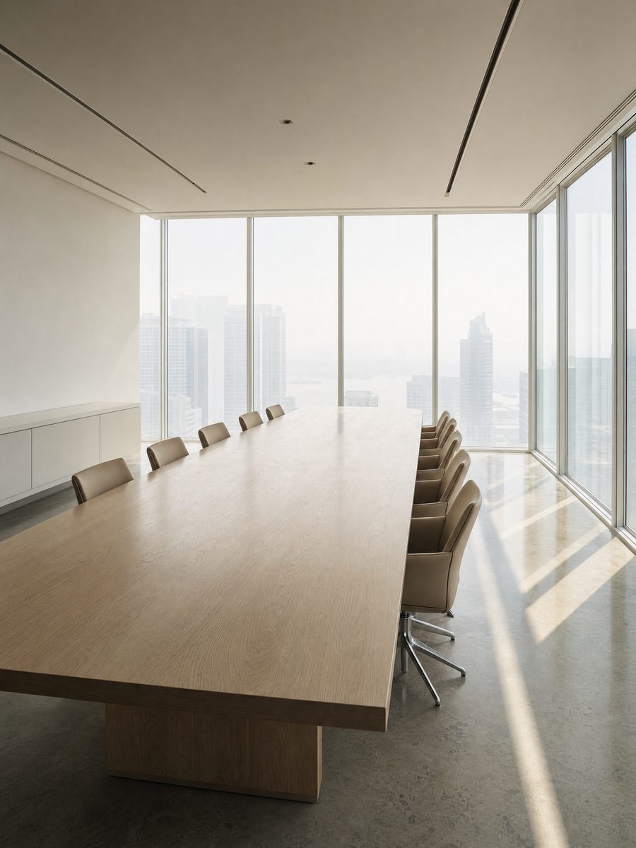 Empty modern boardroom with a long table and floor-to-ceiling windows